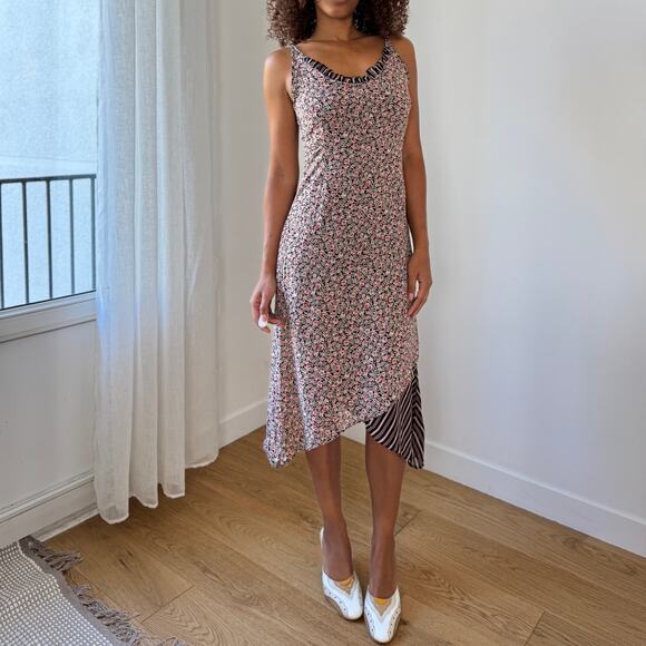 Vintage Italian Viscose Mesh Floral Slip Dress with Asymmetric Striped Hem (S) - Picture 4 of 9